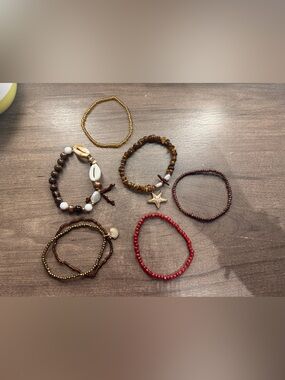 Mixed Beaded Charm Bracelet Set - Brown, Gold, Red